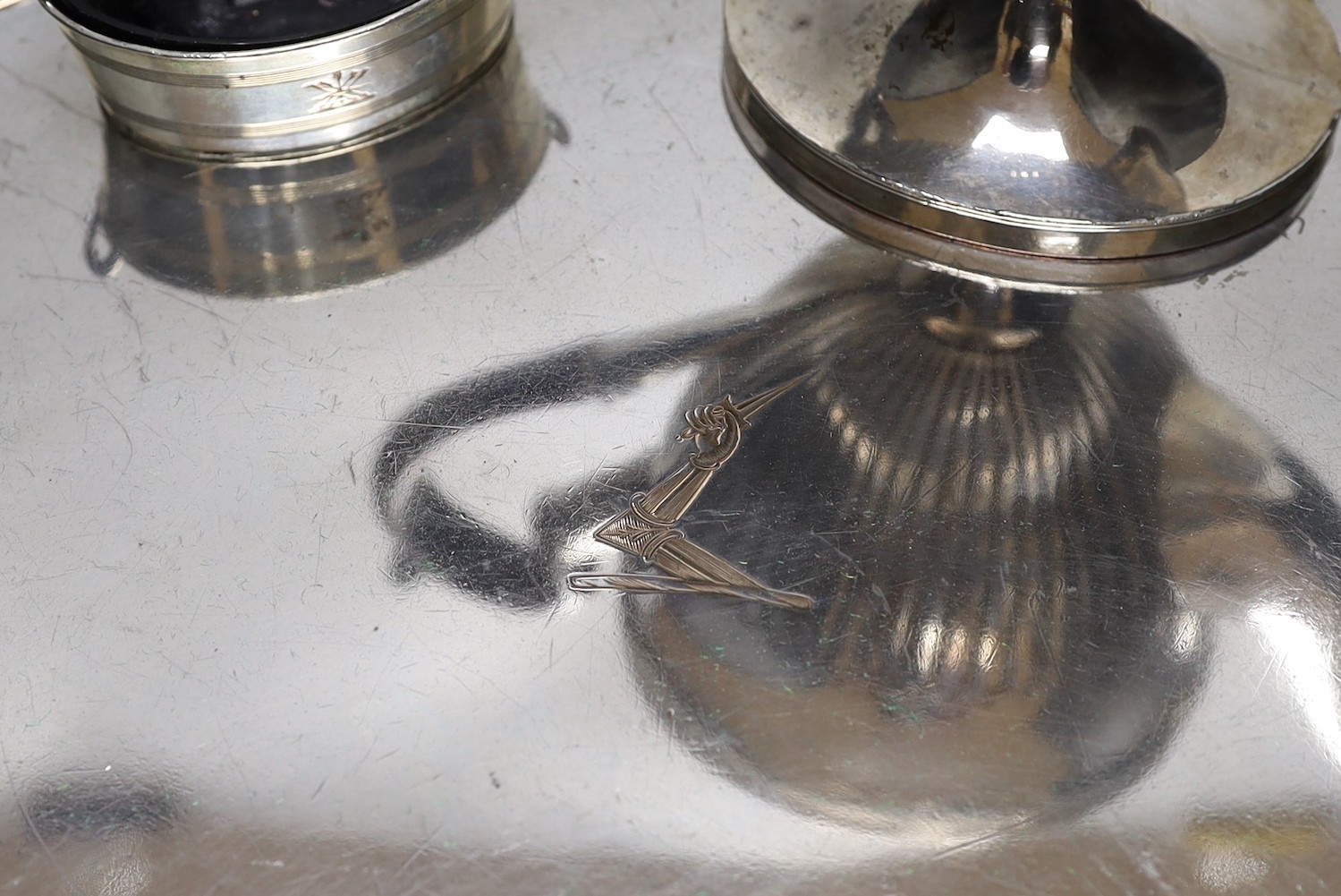 An Old Sheffield Plate coffee pot, an oval tray, 45cms wide and oval salt